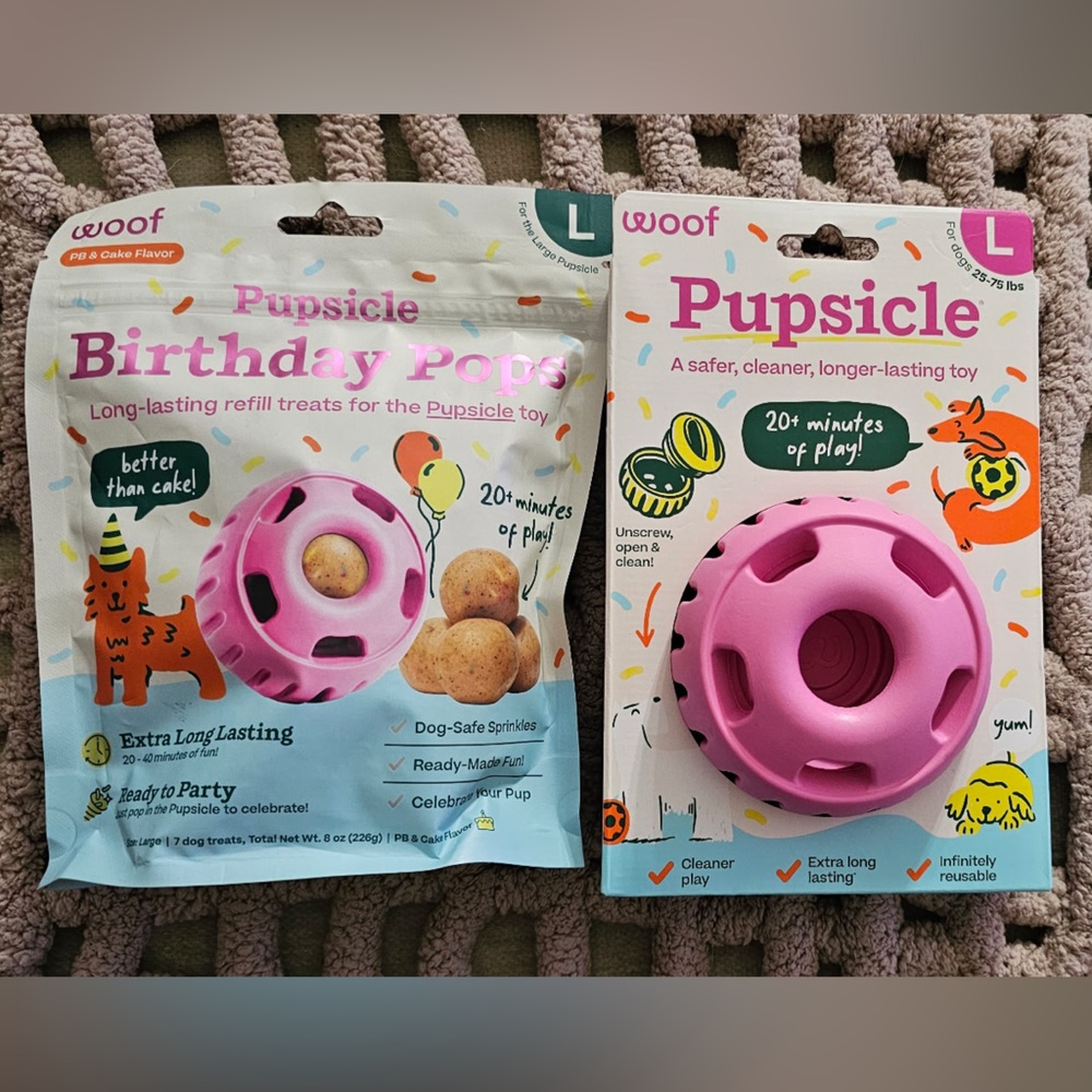 Woof Pupsicle Dog Treat Toy (L) with Pupsicle Birthday Refill Pops (L)